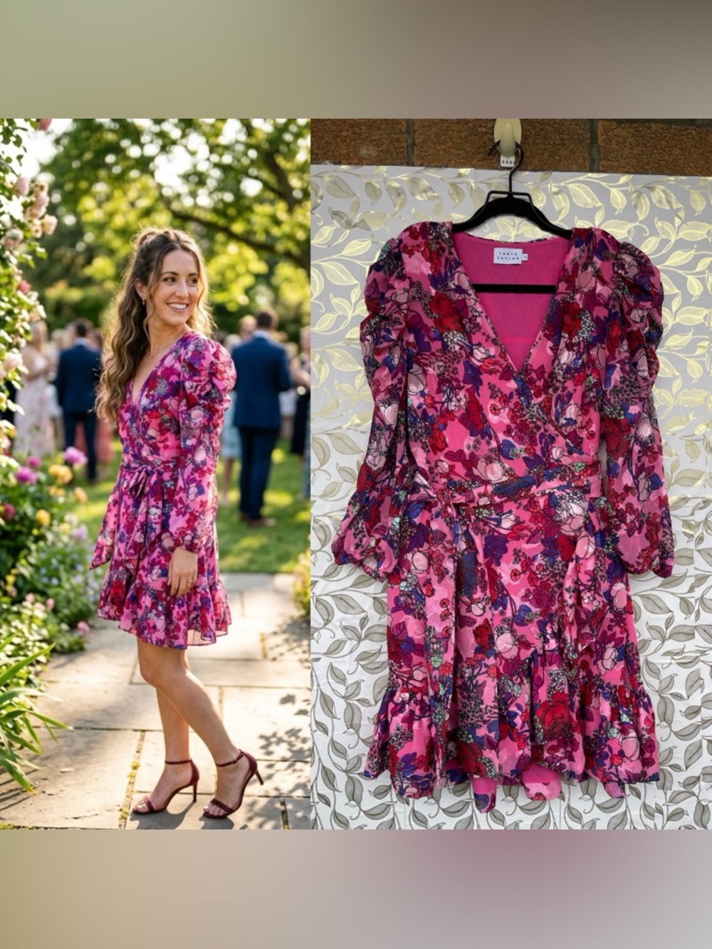Tanya Taylor Pink Floral Silk-Look Wrap Dress Puff Sleeve Romantic Gardencore 12